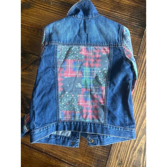 GAP Girls Patchwork Denim Jacket Size Medium Floral Plaid Button Up Jean Coat - Picture 8 of 9